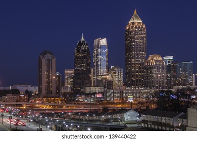 ATLANTA, GEORGIA - FEB 14, 2011:  Dusk Photo Of Homes And Towers In Atlanta's Fast Changing Midtown Area On February 14, 2011 In Atlanta, Georgia USA.