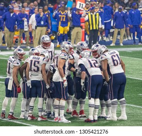 ATLANTA, GEORGIA - FEBRUARY 3, 2019: Tom Brady and the New England Patriots face the Los Angelas Rams in Super Bowl 53 at Mercedes- Benz Stadium in Atlanta, Georgia on February 3, 2019.