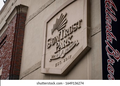 Atlanta, Georgia - February 5, 2020: MLB Atlanta Braves' SunTrust Truist Park Logo On Facade