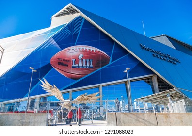 ATLANTA, GEORGIA - January 21, 2019: Superbowl LIII will be played at Atlanta's Mercedes-Benz Stadium on Sunday, February 3, 2019 against the New England Patriots and the Los Angeles Rams.