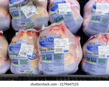 ATLANTA, GEORGIA - JULY 18, 2022 : Springer Mountain Farms All Natural Non GMO Whole Chickens In A Refrigerated Display Case At An American Grocery Store Supermarket.