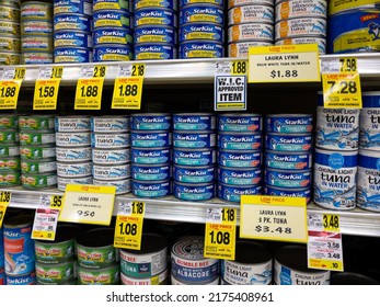 ATLANTA, GEORGIA - JULY 6, 2022 : Variety Of Canned Tuna Products On Store Shelf At An American Grocery Store Supermarket.