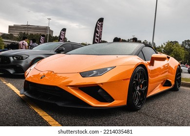 Atlanta, Georgia; June 2021: Cars And Coffee Exhibition Lamborghini Huracán In Orange Color.