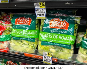 ATLANTA, GEORGIA - October 12, 2022 : Fresh Express Romaine Bagged Lettuce On Display At Grocery Store Supermarket.