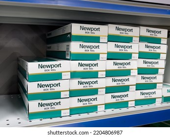 ATLANTA, GEORGIA - SEPTEMBER 21, 2022 : Newport Menthol Cigarette Cartons On Store Display Shelf.