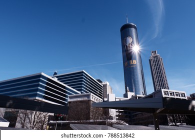 Atlanta, Georgia / United States - 1/07/2018: Sun Reflects Of The Westin Plaza That Is Displaying For The National Championship Game At Mercedes Benz Stadium.