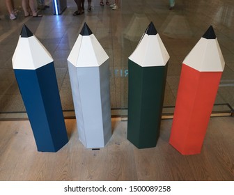 Atlanta, Georgia / USA - 08/03/2019: Large Pencil Art Statues At Lenox Square Shopping Mall.                              