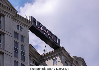 Atlanta, Georgia \ USA - 16 May 2019: A Logo Of Hyatt Hotel Chain On A Top Of A Building