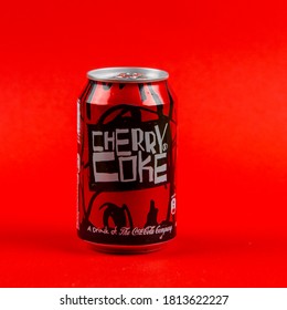 Atlanta, Georgia, USA – April 4, 2020: Aluminum Coca-Cola Can Cherry Coke Limited Edition Isolated On Red Background Copy Space