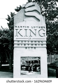 Atlanta, Georgia / USA - August 20 2012:  Black And White Photo Of The Sign For The Martin Luther King Jr National Historical Park, An Important And Educational Site To Continue Dr King's Legacy