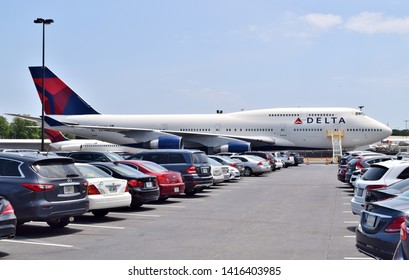 Atlanta, Georgia/ USA - June 23, 2016: A Retired Delta Air Lines Boeing 747-400 Sits In A Vehicle Parking Lot Outside The Delta Museum Near Hartsfield–Jackson Atlanta International Airport.  