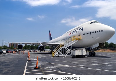 Atlanta, Georgia/ USA - June 23, 2016: A Retired Delta Air Lines Boeing 747-400 Sits In A Vehicle Parking Lot Outside The Delta Museum Near Hartsfield–Jackson Atlanta International Airport.  