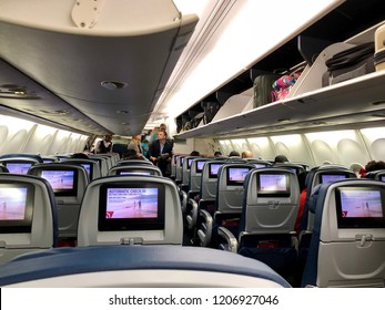 ATLANTA, GEORGIA, USA - OCT 18, 2018: Delta Airline Airplane Interior 