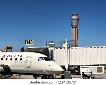 Atlanta, Georgia USA - Sep 16,2018 - Delta Airplane Is Parking Near The Terminal In Hartsfield Jackson Atlanta International Airport.