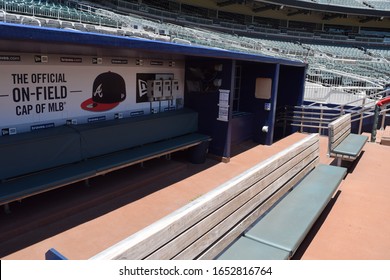 Atlanta, Georgia/United States: June 22, 2018 - Empty Dugout At SunTrust Park, Now Known As Truist Park, In Atlanta, Georgia Home Of The Atlanta Braves