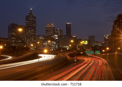 Atlanta Skyline And Highway At  Night