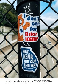 ATLANTA, UNITED STATES - Aug 18, 2021: Anti Brian Kemp Stickers Encouraging Georgia Voters To Vote Him Out In The Next Election For Governor