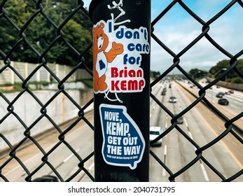 ATLANTA, UNITED STATES - Aug 18, 2021: Anti Brian Kemp Stickers Encouraging Georgia Voters To Vote Him Out In The Next Election For Governor