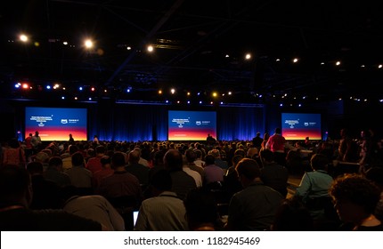 Atlanta, United States - September 13, 2018: AWS Summit at Georgia World Congress Center. Attendees waiting for keynote featuring Stephen Orban.