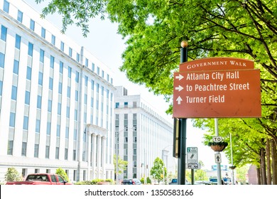 Atlanta, USA - April 20, 2018: Road Direction Sign For Government Walk, Peachtree Street, City Hall And Turner Field Baseball Stadium In Georgia City In Summer On Street