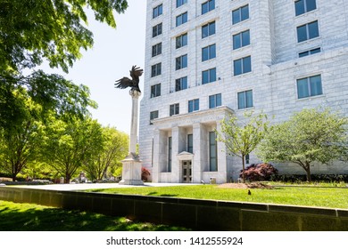 Atlanta, USA - April 20, 2018: Federal Reserve Bank Of Atlanta Georgia Government Building In Downtown With Eagle Statue In Park