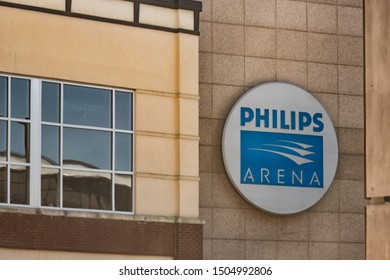 Atlanta, USA - April 20, 2018: Philips Arena Sign For Multi-purpose Stadium Building Hosting Basketball Games And Concerts In Georgia Downtown City