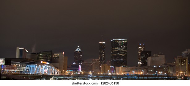 Atlanta, USA, December 30,2018: The State Farm Arena A Multi-purpose Hall And The Skyline Of Midtown Atlanta,Georgia At Night.