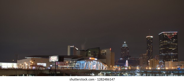 Atlanta, USA, December 30,2018: The State Farm Arena A Multi-purpose Hall And The Skyline Of Midtown Atlanta,Georgia At Night.