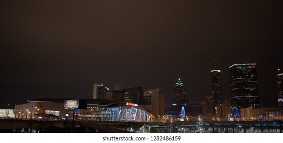 Atlanta, USA, December 30,2018: The State Farm Arena A Multi-purpose Hall And The Skyline Of Midtown Atlanta,Georgia At Night.