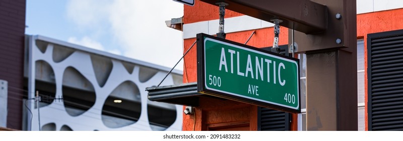 Atlantic Avenue Sign. Delray Beach, Florida, United States. Panoramic Image. Selective Focus.