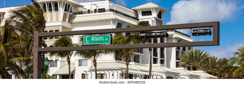 Atlantic Avenue Sign. Delray Beach, Florida, United States. Panoramic Image. Selective Focus.