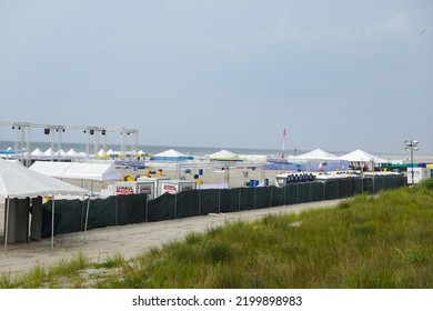 Atlantic City, New Jersey - July, 2022: Tents And Lighting Set Up For Concert On The Beach Near The Ocean