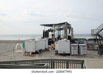 Atlantic City, New Jersey - July, 2022: Stage Set Up For Concert On The Beach Near The Ocean