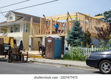 Atlantic City, New Jersey - July, 2022: Carpenters Framing Out A New Home On A Tall Raised Foundation