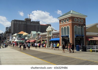 ATLANTIC CITY, NEW JERSEY - JUNE 12, 2016: Atlantic City Boardwalk. Activity on the boardwalk. Editorial use only.                                                       