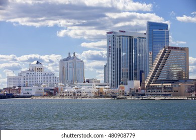 Atlantic City, New Jersey, USA - August 22, 2016: Panoramic ocean view of Atlantic City, New Jersey showing The Showboat, Taj Mahal and Resort Casino  on August 22, 2016
