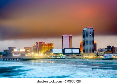 Atlantic City, New Jersey, USA Beach And Skyline With Storm Clouds.