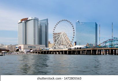 ATLANTIC CITY, NJ/USA-AUGUST 2 2019: Ocean View Of Atlantic City Skyline Showing Resorts, Hard Rock, Show Boat And Ocean Casinos
