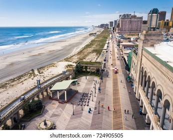 ATLANTIC CITY, USA - SEPTEMBER 20, 2017: Atlantic city boardwalk aerial view. Boardwalk is the hub of casinos, restaurants and travel spots