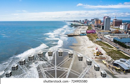ATLANTIC CITY, USA - SEPTEMBER 20, 2017: Atlantic city waterline aerial view. AC is a tourist city in New Jersey famous for its casinos, boardwalks, and beaches