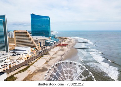 Atlantic city waterline aerial view. AC is a tourist city in New Jersey famous for its casinos, boardwalks, and beaches