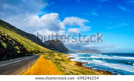 The Atlantic coast along the road to Chapman's Peak at the Slangkop Lighthouse near the village of Het Kommetjie in the Cape Peninsula of South Africa