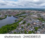 Atlantic Mills and Pemberton Park aerial view with River Bridge over Merrimack River in downtown Lawrence, Massachusetts MA, USA. The historic building was built in 1910 and now is abandoned. 