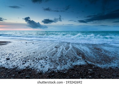 Atlantic Ocean Beach At Dusk, Normandy, France