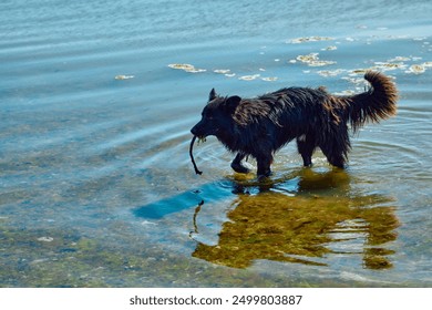 Atlantic Ocean Coast. A dog collects seaweed on the ocean shore - Powered by Shutterstock