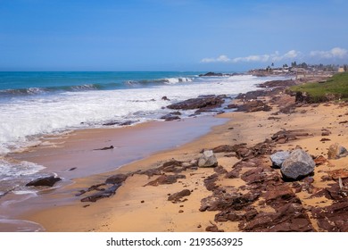 Atlantic Ocean Coastline With The Turquoise Waves Among The Palm Trees In Elmina City In Ghana, West Africa