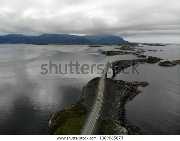 The\
Atlantic Ocean road on a gloomy day in\
Norway