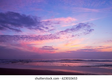 Atlantic Ocean Sunset With Pink And Purple Sky, Lacanau France