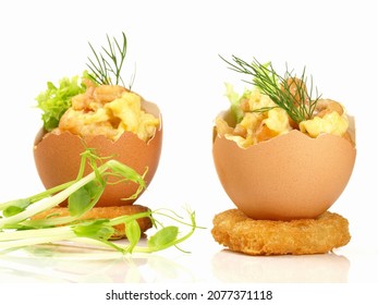 Atlantic Shrimps In Eggs. Shrimp With Scrambled Egg, Isolated On White Background.