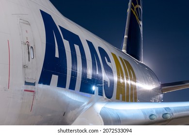 Atlas Air Logo Boeing 747 400 Freighter At Night Viracopos Campinas Airport, Sao Paulo, Brasil 2021